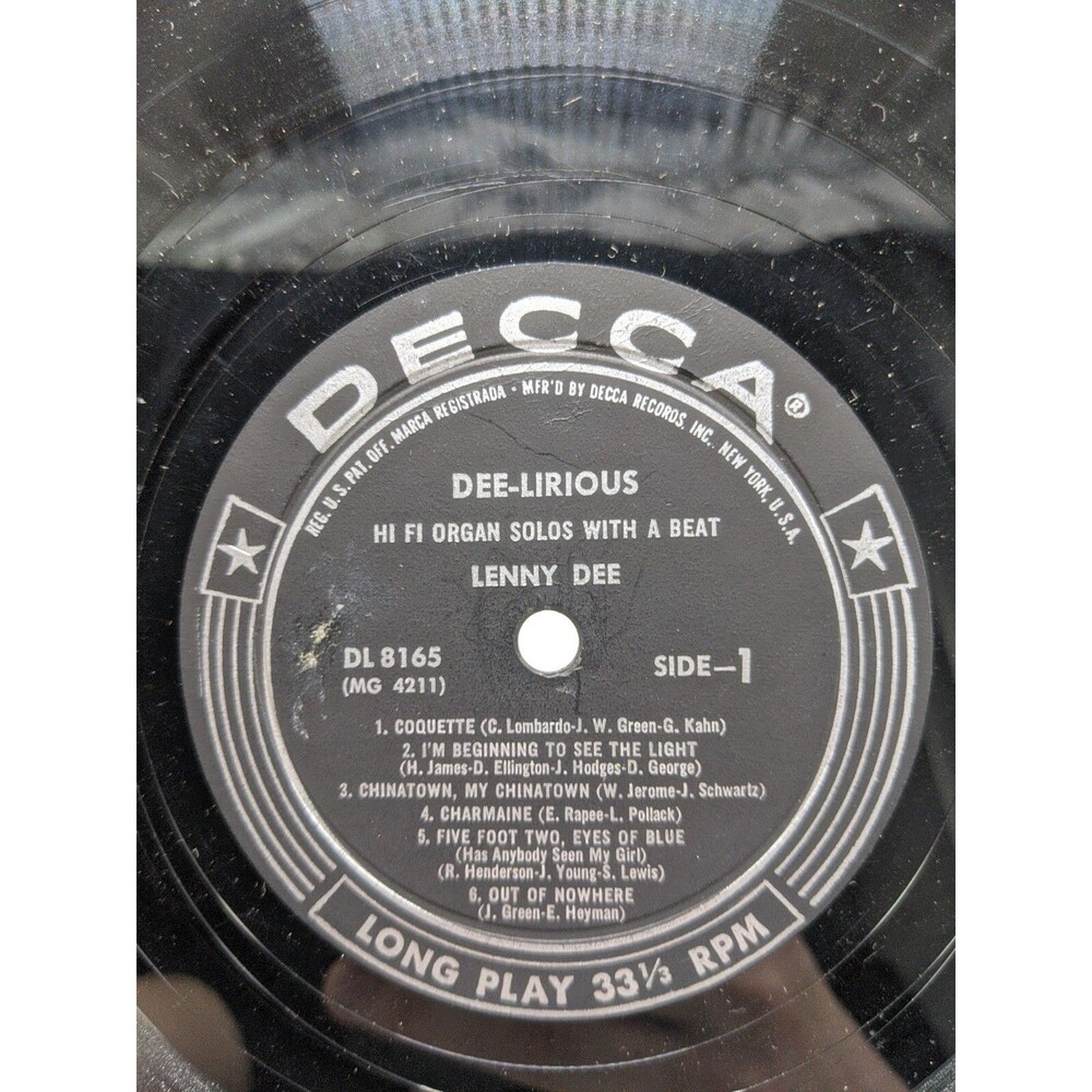 Dee-Lirious Hi Fi Organ Solos With A Beat Lenny Dee Vinyl Record